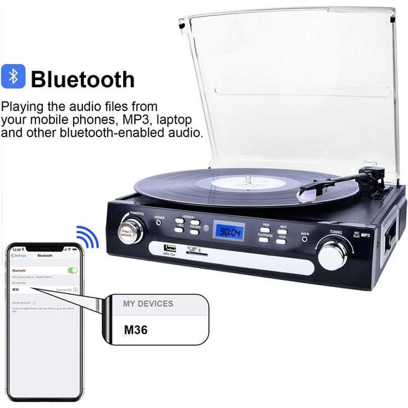 Vinyl/LP Turntable Record Player, with Bluetooth,AM&FM Radio, Cassette Tape, Aux - Picture 3 of 7